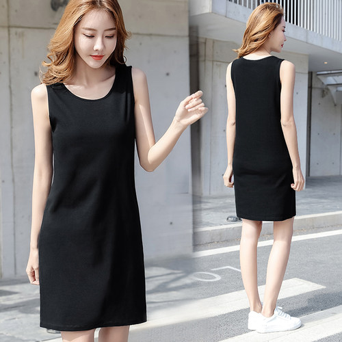 宽松中长款背心裙145矮小个子穿搭连衣裙床上短裙女夏黑吊带a字裙