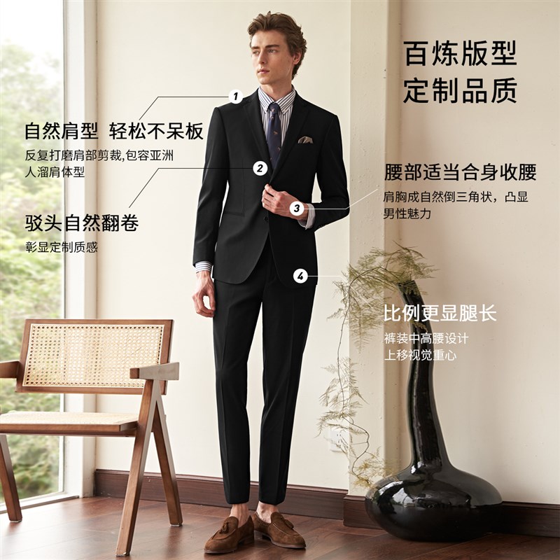 吉约蒙西服套装男士商务西装外套黑色修身职业正装男新郎结婚礼服