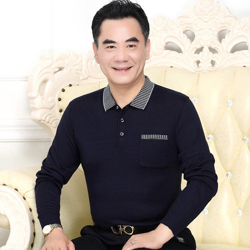 爸爸装秋冬打底衫红色长袖t恤衫中年男装本命年针织上衣爷爷口袋