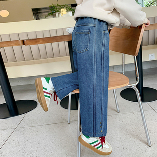 女童加绒裤子秋冬款2023新款小女孩冬装宽松牛仔裤儿童套装休闲长