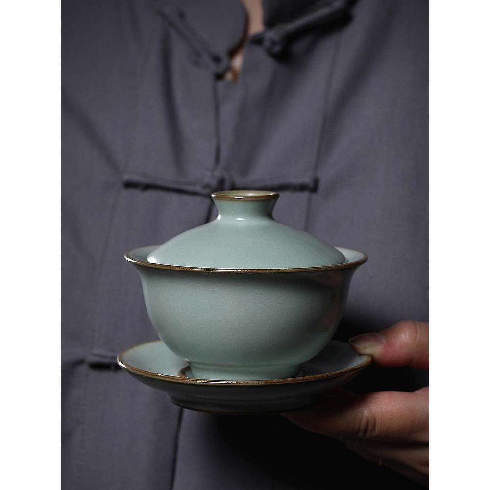 景德镇汝窑三才盖碗茶杯大号手工冰裂纹陶瓷单个不烫手泡茶功夫茶