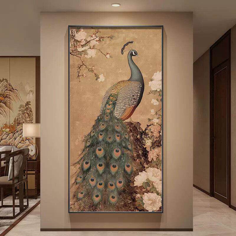 新中式玄关装饰画孔雀入户正对门壁画宋代美学走廊过道挂画寓意好
