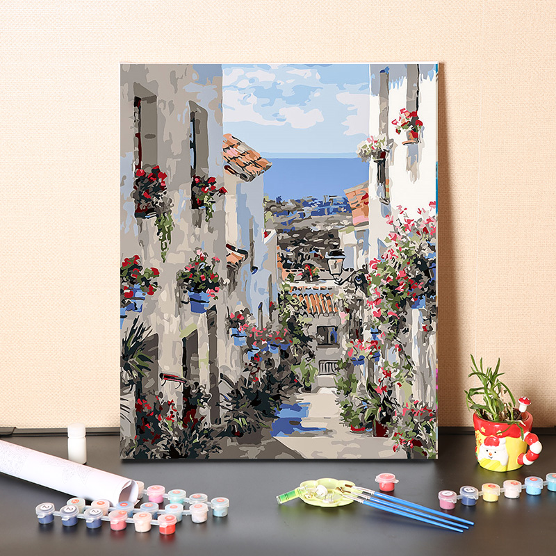 数字油画diy手工填充花房小镇风景画手绘消磨时间画画涂色油彩画