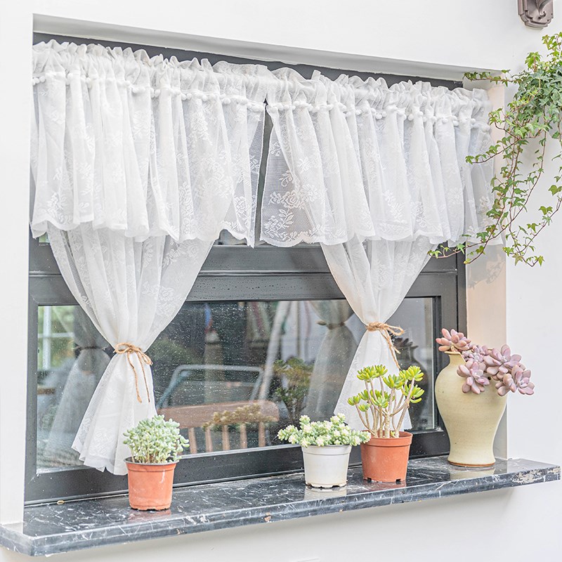 田园半帘短帘蕾丝窗纱美式小窗帘门帘短窗帘飘窗小窗帘波浪隔断帘