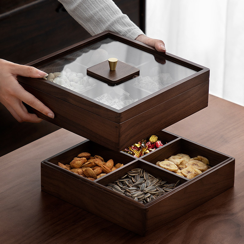 家用黑胡桃木干果盒密封零食盘中式乔迁实木糖果盘复古坚果收纳盒