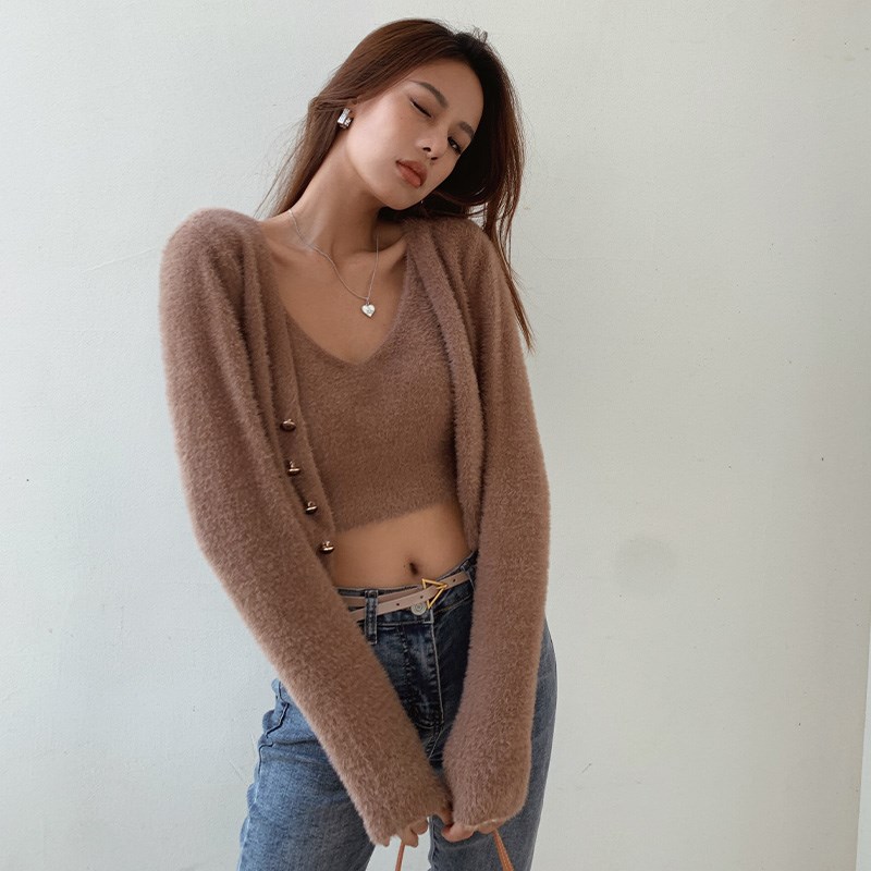 从那以后《奶油棉花糖》香芋紫毛衣套装欧美毛茸开衫女秋针织上衣