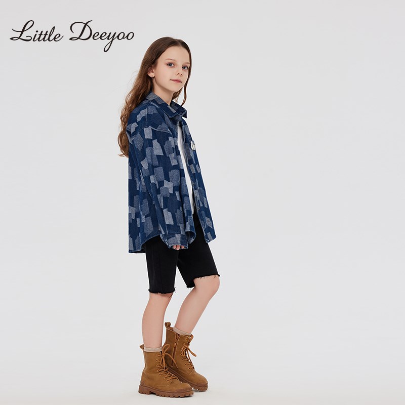 女童薄款牛仔格子衬衫外套2024春装新款中大儿童上衣女孩宽松衬衣