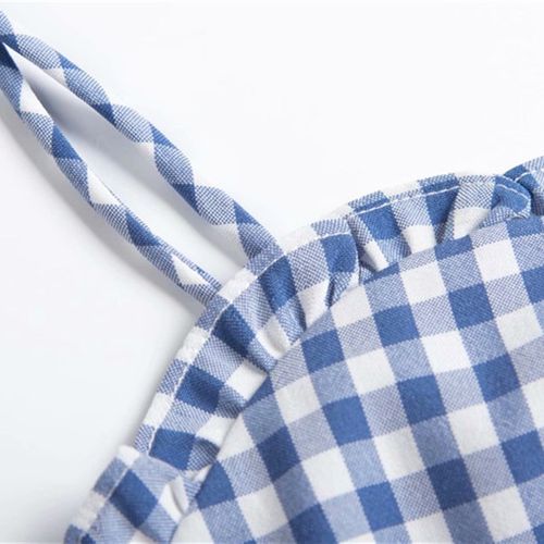 【包邮】甜美复古蓝色格纹吊带领口木耳边蝴蝶结松紧显瘦少女背心