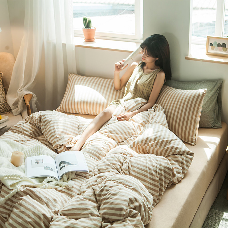 天竺棉四件套全棉裸睡超柔针织棉日式条纹1.8m床纯棉被套床单床笠