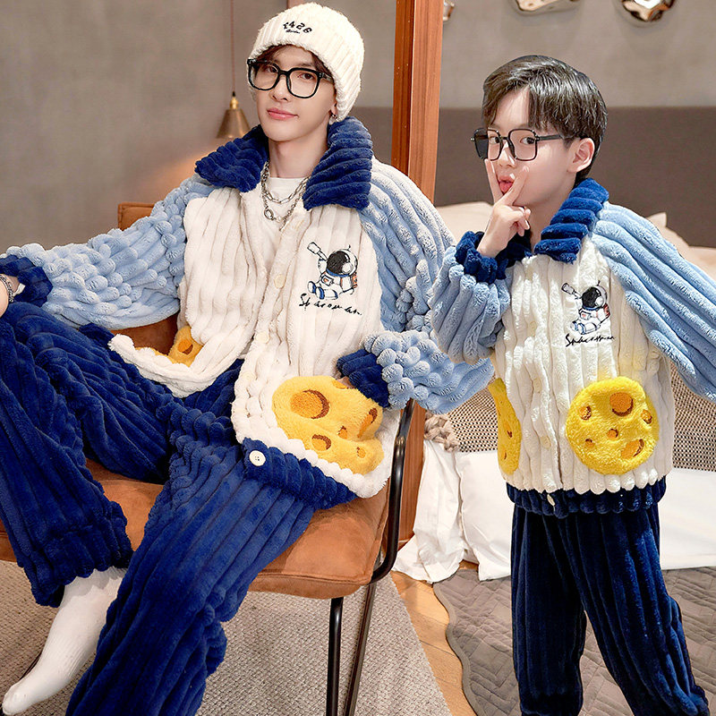 亲子睡衣冬款珊瑚绒儿童男童秋冬季加绒加厚款2023新款男孩法兰绒