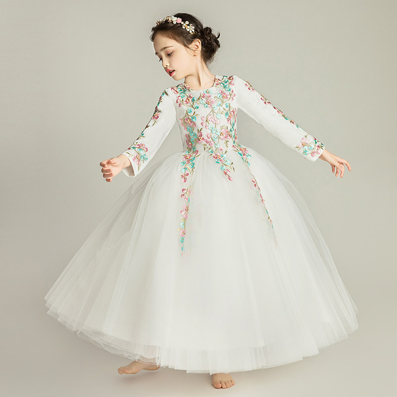 儿童晚礼服公主裙蓬蓬纱小女孩花童婚纱钢琴表演服秋冬长袖白高端