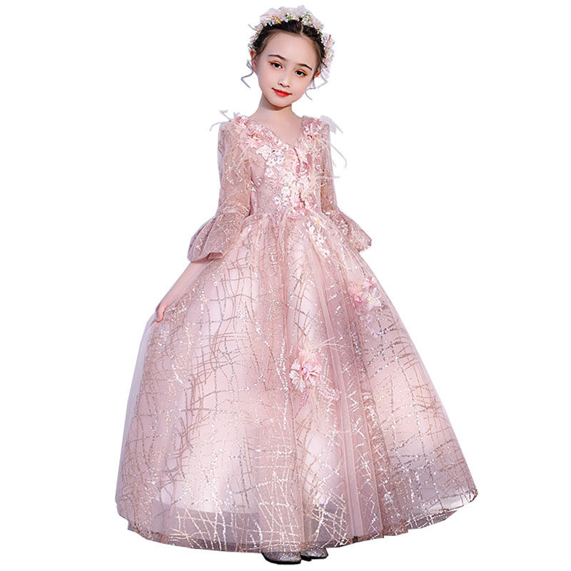 女童礼服粉色公主裙蓬蓬纱儿童喇叭袖主持人晚礼服生日演出服洋气