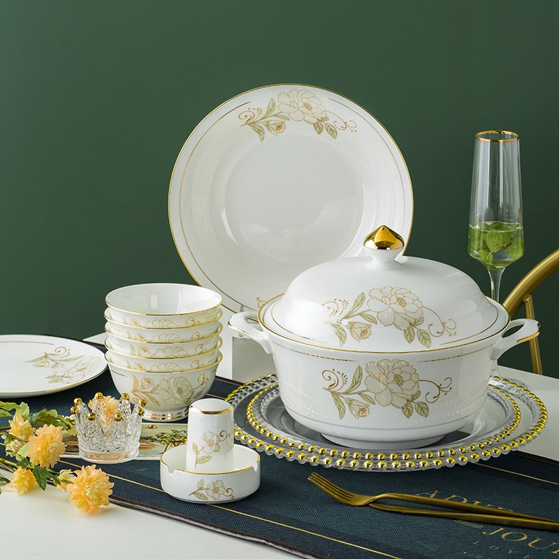 景德镇陶瓷餐具碗碟套装家用金边骨瓷碗盘套装结婚乔迁新居送礼盒