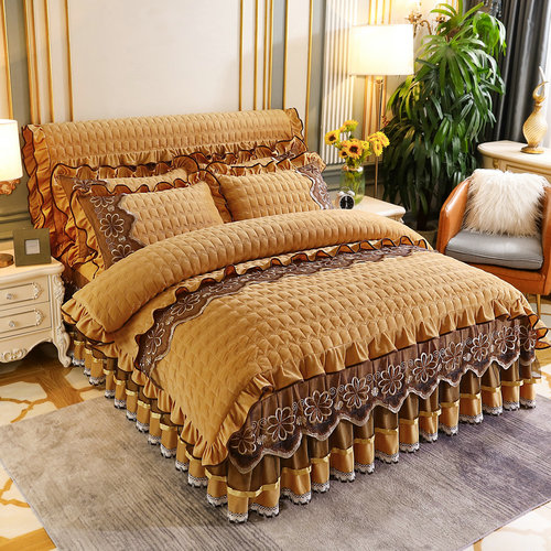 床上保暖加厚水晶绒全夹棉床裙式四件套珊瑚绒防滑床罩套毛绒被套