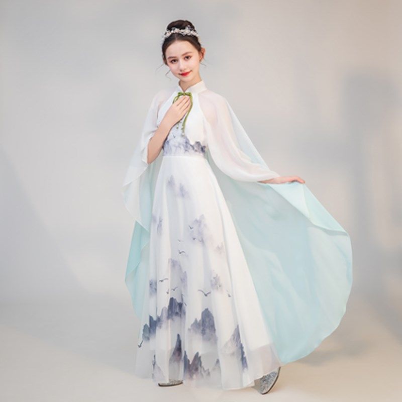 儿童礼服高端女童弹古筝演出服中国风主持人民乐演奏艺考礼服红色