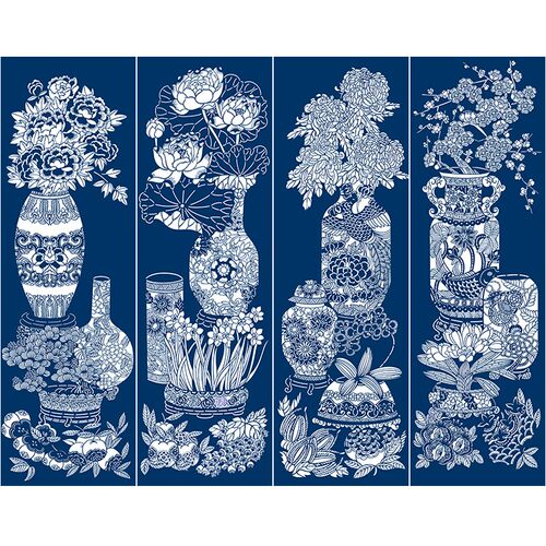 博古花瓶四条屏剪纸底稿春夏秋冬刻纸图样中国风diy剪纸打印底稿