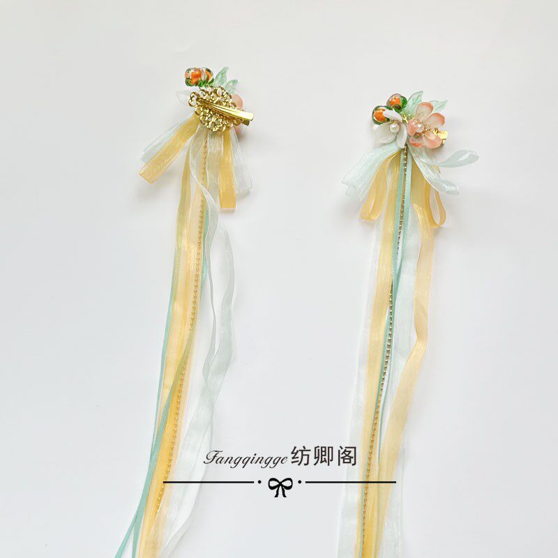 中秋古风小女孩黄色飘带黄素馨对夹儿童日常旗袍汉服丝带发夹头饰图片