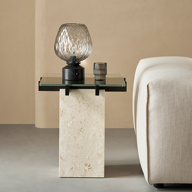 侘寂风边几方格玻璃角几客厅轻奢天然洞石沙发边几现代简约小茶几