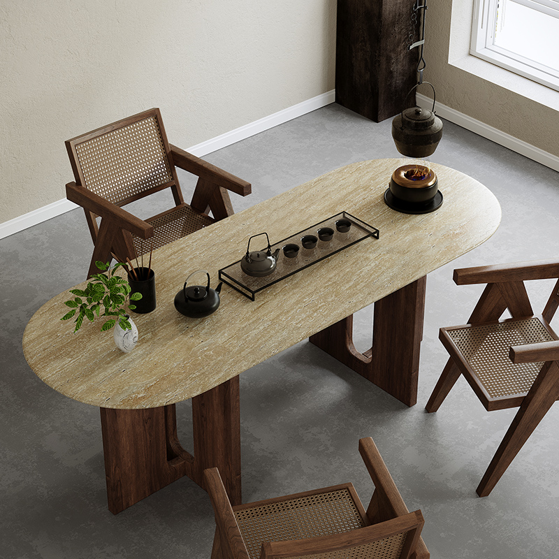 侘寂风洞石泡茶桌客厅家用阳台实木茶桌椅组合民宿接待大理石桌子