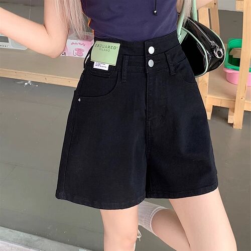 黑色高腰牛仔短裤女夏季薄款大码胖mm显瘦遮肚小个子a字阔腿热裤