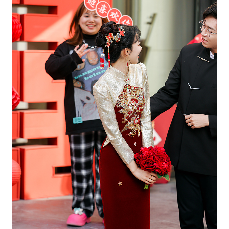 新中式旗袍订婚礼服裙日常可穿敬酒服小个子回门婚礼当天新娘便装