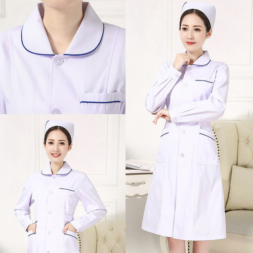 蓝边娃娃领护士服夏季短袖医护制服牙医工作服冬装长袖学生白大褂