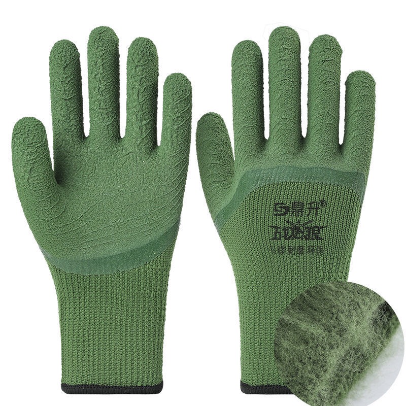 鼎升保暖王毛圈发泡劳保手套工作乳胶皱纹PVC浸胶耐磨防寒加厚冬