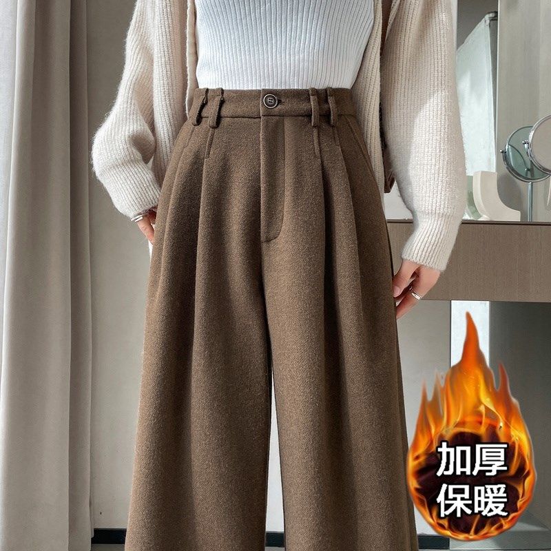 深灰色加绒毛呢阔腿裤女秋冬季新款高级垂感直筒高腰休闲西装裤子