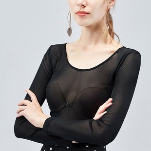 黑色网纱打底衫女薄款长袖纱衣秋款沙袖紧身上衣纱网薄沙黑纱内搭