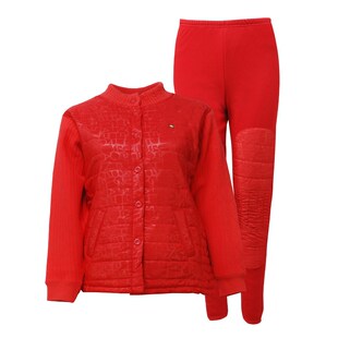 花雨伞老人男女开衫款三层加绒加厚夹棉膝盖加厚羽绒保暖内衣套装