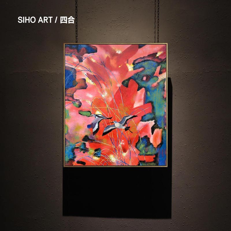 四合艺术 红色基调花鸟手绘油画心喜雀跃 轻奢枫客厅玄关装饰画