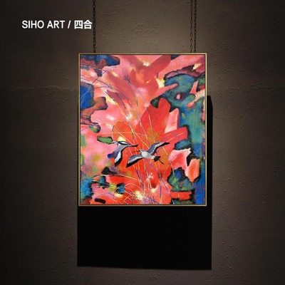 四合艺术 红色基调花鸟手绘油画心喜雀跃 轻奢枫客厅玄关装饰画