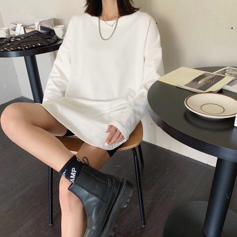 元熙610磨毛加厚纯棉白色长袖T恤女中长款内搭大码宽松打底衫秋冬