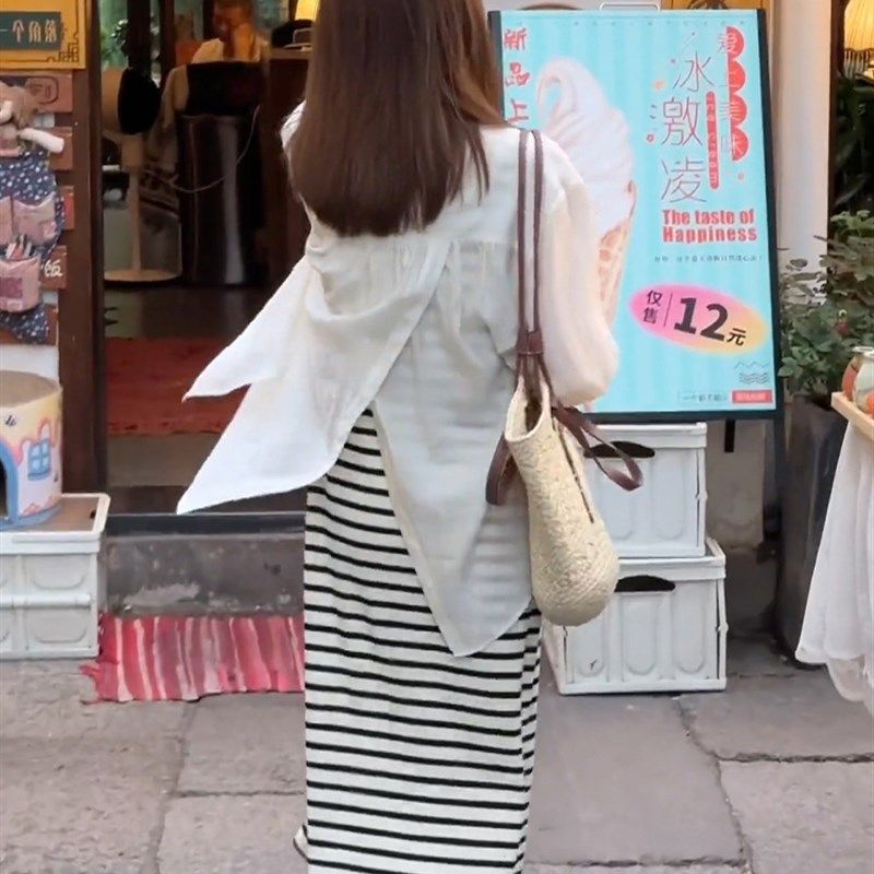夏季新款长袖薄款后开叉防晒衬衫女条纹背心连衣裙外搭开衫两件套