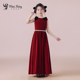 新款女童艺考小礼服红色钢琴演出服长裙高端小提琴演奏表演公主裙