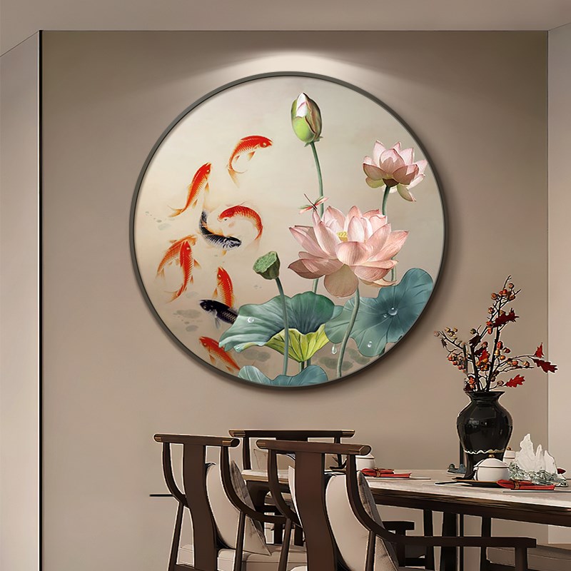 荷花九鱼图餐厅装饰画圆形新中式客厅玄关挂画茶室墙面装饰画图片