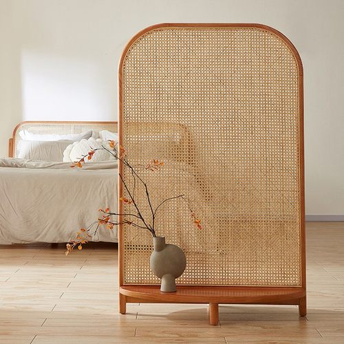 J^客厅新中式复古座屏家用卧室遮具实木藤编屏风隔断墙玄关