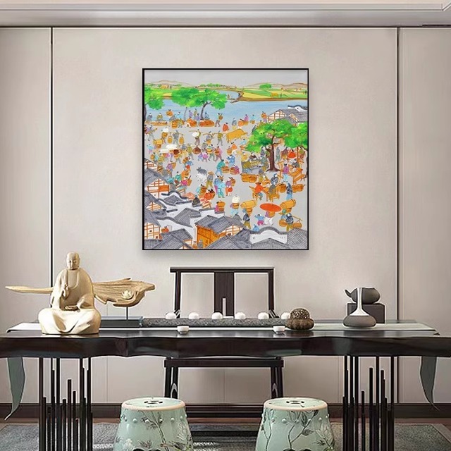 新中式古代人物玄关装饰摆画日系小众古代茶楼集市茶室风景壁挂画图片