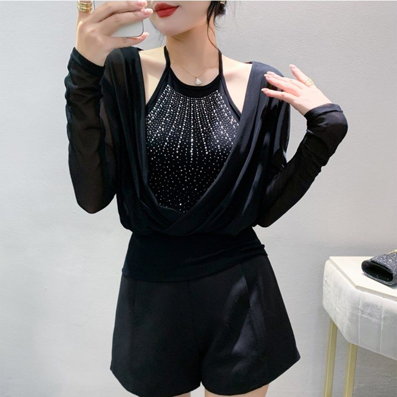 时尚性感网纱打底衫设计感挂脖闪钻吊带T恤假两件上衣女修身百塔,女装/女士精品,T恤,淘宝优惠券,粉丝福利购,淘宝优惠卷