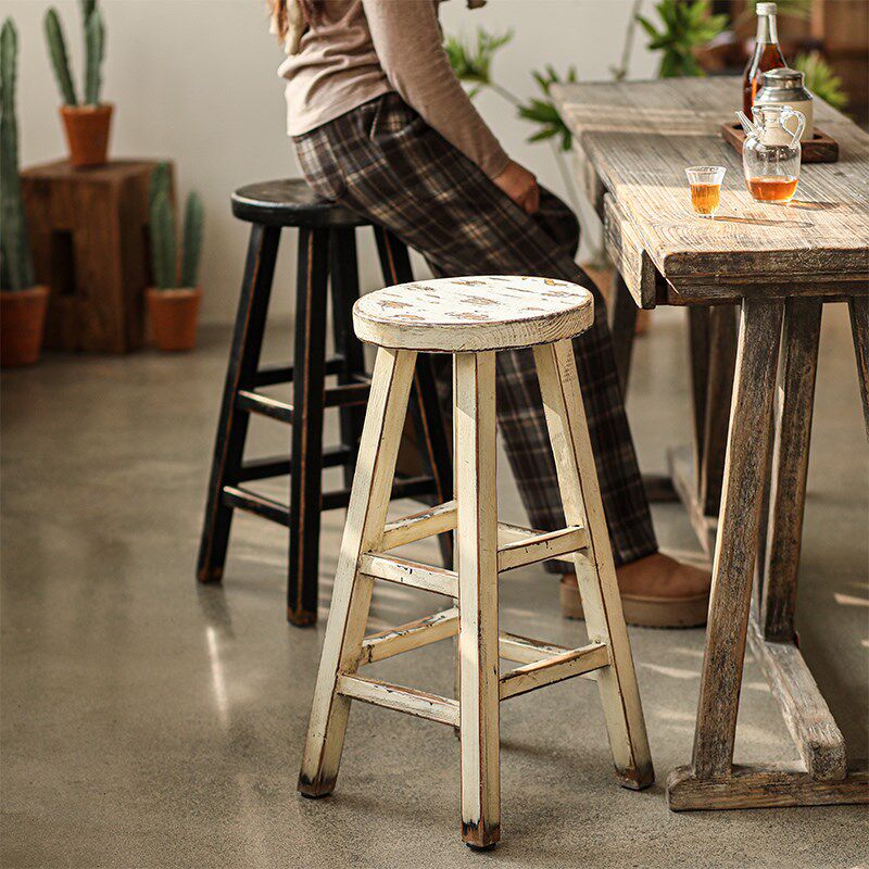 圆面高脚凳吧台凳家用高脚椅老松木实木复古做旧可做花几边几花架