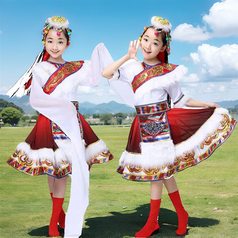 儿童藏族演出服男童女童表演服小学生蒙古服水袖新版裙子舞蹈服女
