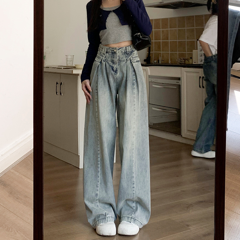 浅蓝色阔腿牛仔裤女休闲打折设计感秋季薄款高腰宽松垂感拖地长裤