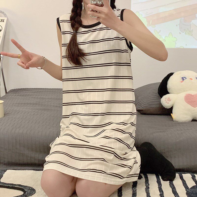 睡裙女夏季条纹薄款无袖睡衣吊带睡裙