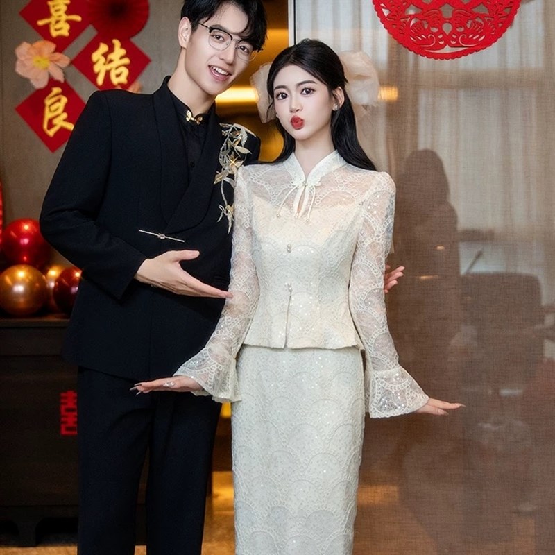 香槟色订婚旗袍敬酒服2025新款新娘新中式结婚礼服高级感长袖绝美