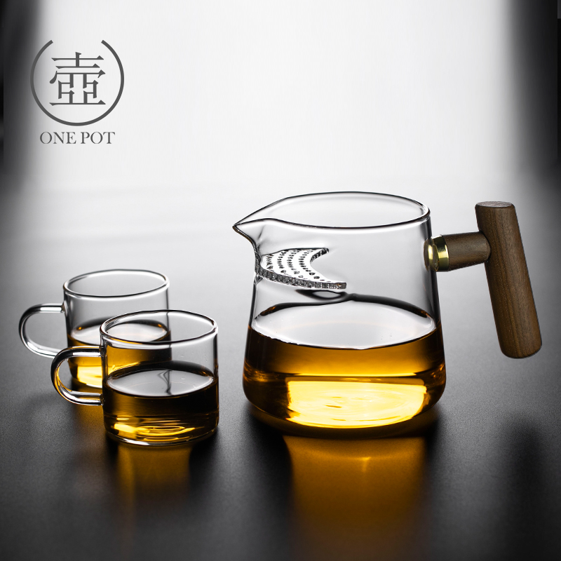 耐热加厚玻璃公道杯木把月牙公杯自带茶漏过滤网一体泡绿茶分茶器