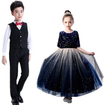 儿童公主裙礼服新款女孩主持钢琴表演服长袖男女童大合唱演出服长