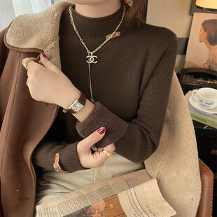 白色加绒加厚半高领打底衫女内搭2024秋冬新款高级感毛衣保暖上衣