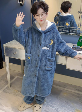 儿童珊瑚绒睡衣秋冬季小孩男童睡袍加厚款法兰绒藏浴袍家居服套装