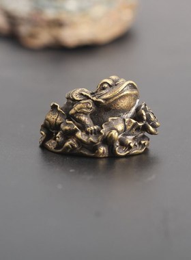 纯铜金蟾摆件黄铜荷叶蟾蜍手把件迷你招财钥匙扣金属中式工艺礼品