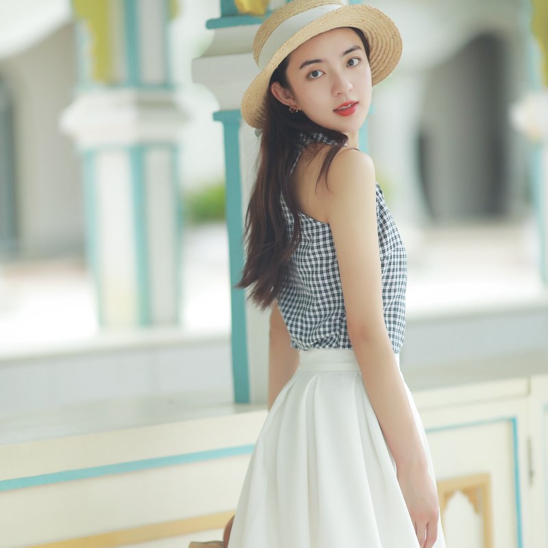 JUJU定制港风复古露肩上衣2022新款西装领黑白格子无袖衬衫女夏季